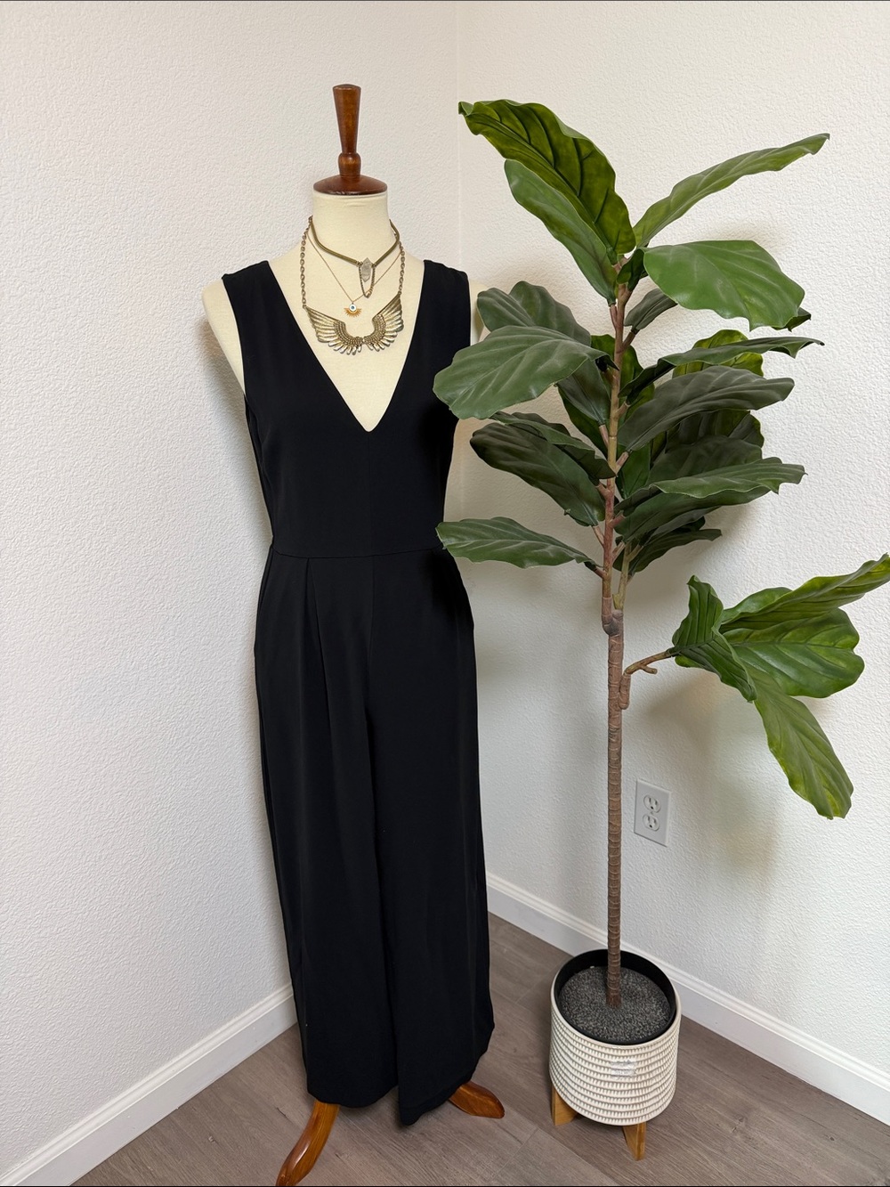 Aritzia Black Deep V-Neck Wide-Leg Jumpsuit